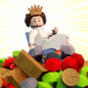 A Lego Princess Leia sitting on top of a large pile of gold, coins, and jewels.